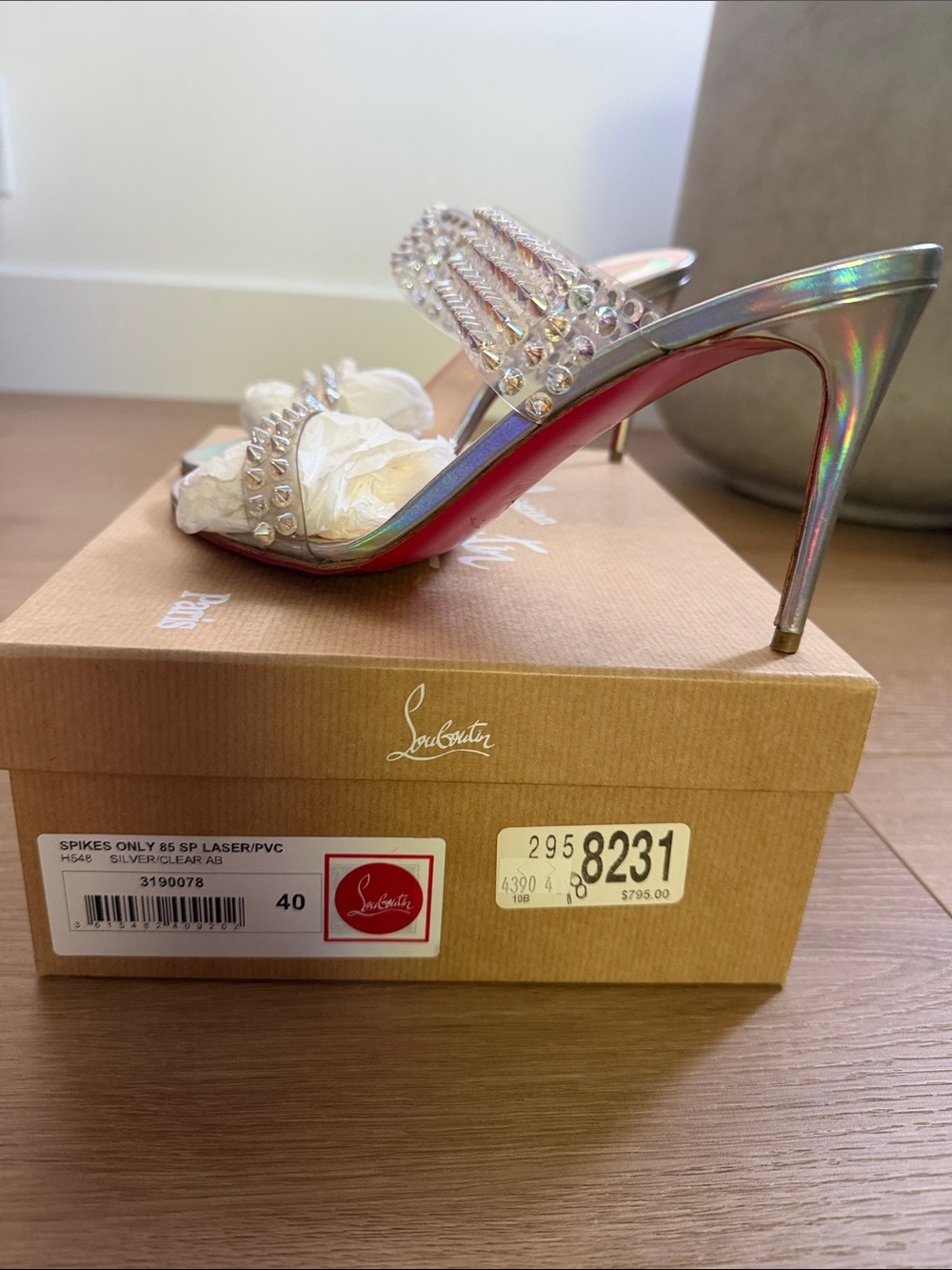 Christian Louboutin Holographic Silver Crystal-Stud Slide Sandals - Picture 2 of 6
